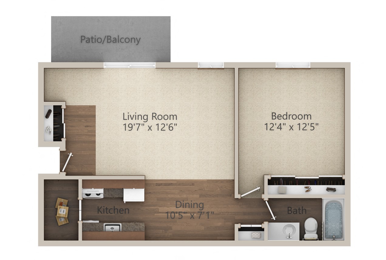 Floor plan for 1 bed, 1 bath, 700 sqft